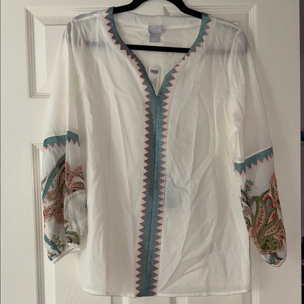 Chico’s White Blouse with Blue and Multicolor Embroidery